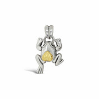 large silver frog pendant with gold heart