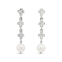 silver cross pearl drop earrings
