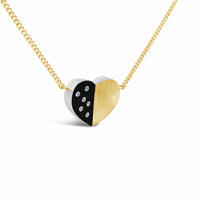 blackened silver 18k gold and diamond heart necklace on thin gold chain