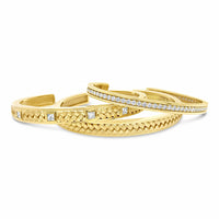 basket weave diamond cuff bracelet stack in 18k yellow gold