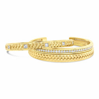 18k gold bracelet stack with diamond and woven cuff patterns