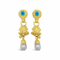 gold frog drop earrings with pearls