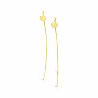 18k gold long thin wire threader linear heart drop earring