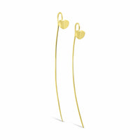 long narrow linear drop gold heart earrings