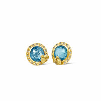 gold diamond bezel earrings with blue topaz