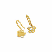 Gold flower-shaped earrings with a diamonds on a white background