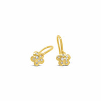 Gold flower-shaped earrings with diamonds on a white background