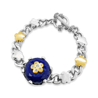 lapis lazuli bracelet on silver curb chain with gold blossoms and diamonds