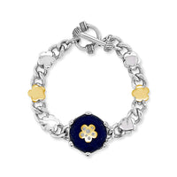 lapis lazuli bracelet in silver with gold blossoms and silver curb chain