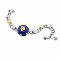 large lapis lazuli stone bracelet with silver curb chain and gold flower accents
