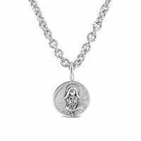 Silver necklace with a round st. rita pendant on a white background