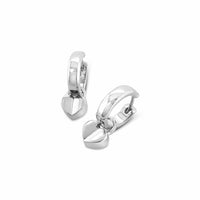 Pair of silver heart-shaped hoop earrings on a white background