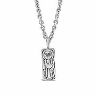 Silver St. Francis of Assisi pendant on rope chain necklace on a white background