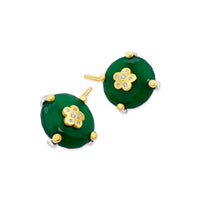 green stone earrings with gold blossoms