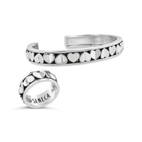 multi heart pattern narrow cuff bracelet and matching heart ring sterling silver