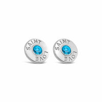 silver disc earrings with blue topaz